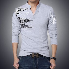 New Fashion Brand Trend Print Slim Fit Long Sleeve T Shirt Men Tee V-Neck Casual Men T-Shirt Cotton T Shirts Plus Size M-5XL 2