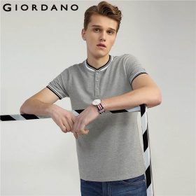 Giordano Men Tee Strips Henley Collar Short Sleeves T-shirt Solid Button Placket Tops Mens New Arrival