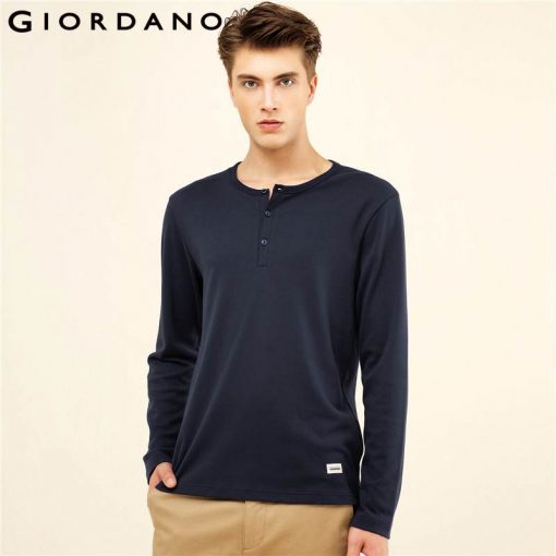Giordano Men T-shirt Solid Henley Neck Cotton Tee Long Sleeves 2017 Autumn Style Casual Plain Tshirts Hombre I Vestiti