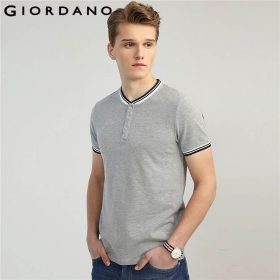 Giordano Men Tee Strips Henley Collar Short Sleeves T-shirt Solid Button Placket Tops Mens New Arrival 3