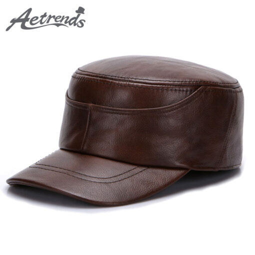 [AETRENDS] 2017 New Winter Dad Hat 100% Genuine Leather Military Hats for Men Flat Cap Captain Army Sailor Caps Z-5492