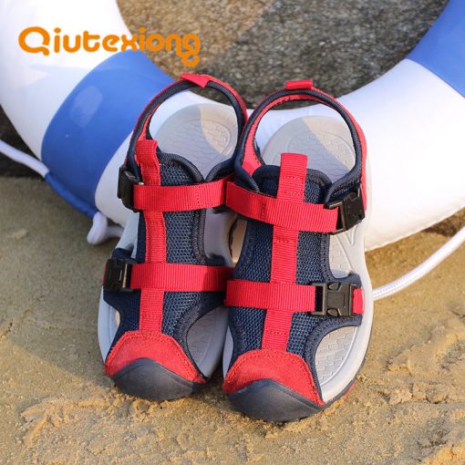 QIUTEXIONG Summer Beach Boys Sandals Children Shoes Kids Genuine Leather Cow Split Closed Toe Mixed Color Sport Kids Sandals 4