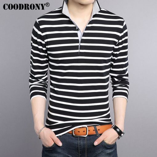 COODRONY T-Shirt Men 2017 New Spring Summer Pure Cotton Turn-down Collar T Shirt Men Casual Striped Long Sleeve Tshirt Tops 7609 4