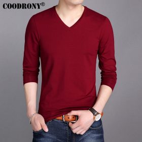 COODRONY 100% Cotton T Shirt Men 2017 Spring Autumn New Long Sleeve T-Shirt Men Classic All-match Solid Color V-Neck T-Shirts 18 4
