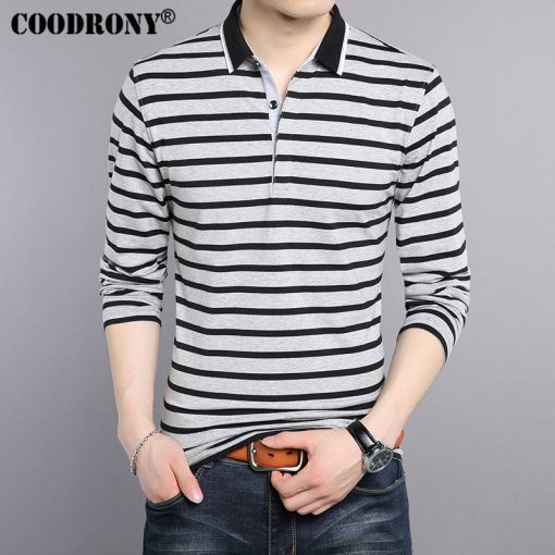 COODRONY T-Shirt Men 2017 New Spring Summer Pure Cotton Turn-down Collar T Shirt Men Casual Striped Long Sleeve Tshirt Tops 7609