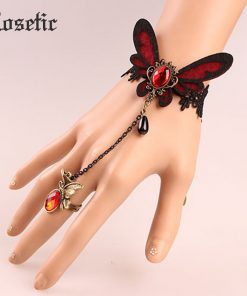 Rosetic Gothic Women Vintage Bracelets Butterfly Black Lace Red Crystal Inlaid Water Drop Tassel Finger Chain Prom Accessories