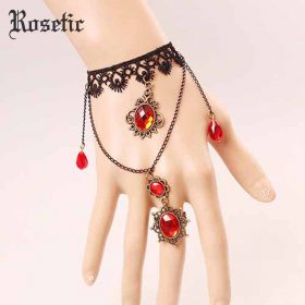 Rosetic Gothic Vintage Women Ring Bracelet Black Lace Floral Ruby Crystal Inlaid Beads Tassel Retro Wedding Anniversary Bracelet 4