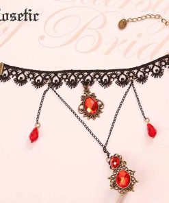 Rosetic Gothic Vintage Women Ring Bracelet Black Lace Floral Ruby Crystal Inlaid Beads Tassel Retro Wedding Anniversary Bracelet 1