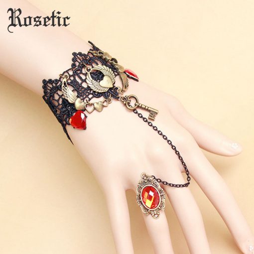 Rosetic Woman Vintage Gothic Lace Bracelets Hollow Heart-Shaped Rhinestone Girls Festival Party Chain Ring Bracelet Accessories 2