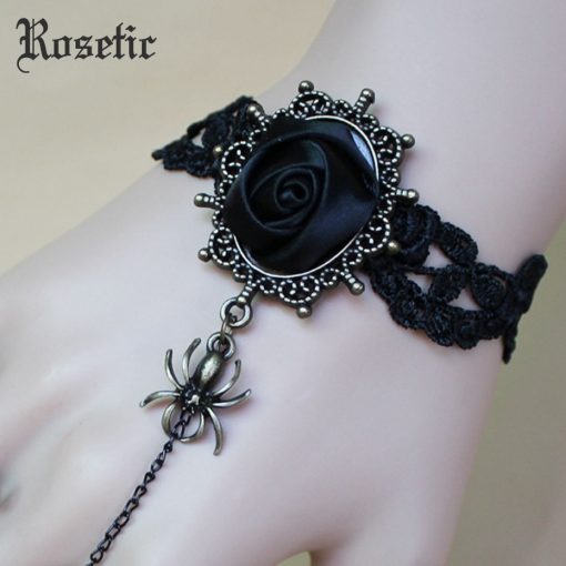 Gothic Vintage Women Ring Bracelet Black Lace Floral Rose Spider Crystal Finger Chain Party Birthday Fashion Accessories Gifts 3
