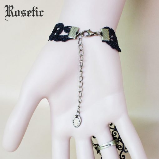 Gothic Vintage Women Ring Bracelet Black Lace Floral Rose Spider Crystal Finger Chain Party Birthday Fashion Accessories Gifts 5