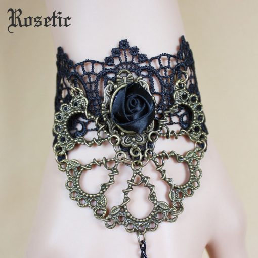 Rosetic Woman Gothic Lace Bracelets Black Hollow Ribbon Rose Vampire Finger Chain Bracelets Darkness Party Halloween Ornaments 4