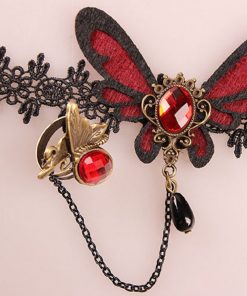 Rosetic Gothic Women Vintage Bracelets Butterfly Black Lace Red Crystal Inlaid Water Drop Tassel Finger Chain Prom Accessories 1
