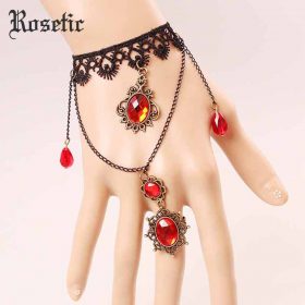 Rosetic Gothic Vintage Women Ring Bracelet Black Lace Floral Ruby Crystal Inlaid Beads Tassel Retro Wedding Anniversary Bracelet