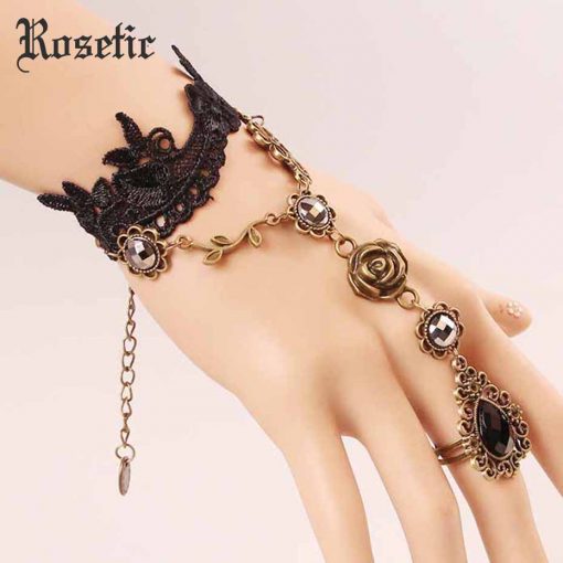 Rosetic Gothic Vintage Women Ring Bracelet Black Lace Crystal Inlaid Flowers Vine Geometric Finger Chain Sweet Charm Bracelets 2
