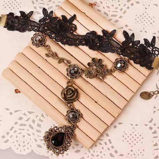Rosetic Gothic Vintage Women Ring Bracelet Black Lace Crystal Inlaid Flowers Vine Geometric Finger Chain Sweet Charm Bracelets 3