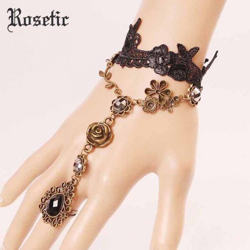 Rosetic Gothic Vintage Women Ring Bracelet Black Lace Crystal Inlaid Flowers Vine Geometric Finger Chain Sweet Charm Bracelets 1