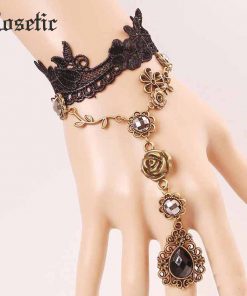 Rosetic Gothic Vintage Women Ring Bracelet Black Lace Crystal Inlaid Flowers Vine Geometric Finger Chain Sweet Charm Bracelets
