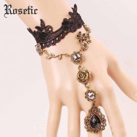 Rosetic Gothic Vintage Women Ring Bracelet Black Lace Crystal Inlaid Flowers Vine Geometric Finger Chain Sweet Charm Bracelets