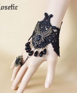 Rosetic Woman Vintage Gothic Lace Bracelet Hollow Water Drop Rhinestone Girl Festival Party Chain Ring Bracelet Accessories Gift 1
