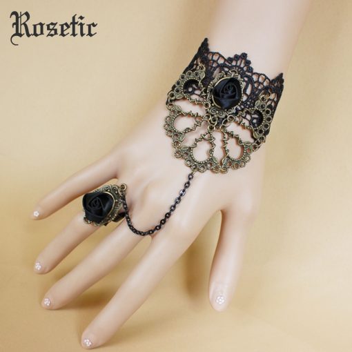 Rosetic Woman Gothic Lace Bracelets Black Hollow Ribbon Rose Vampire Finger Chain Bracelets Darkness Party Halloween Ornaments