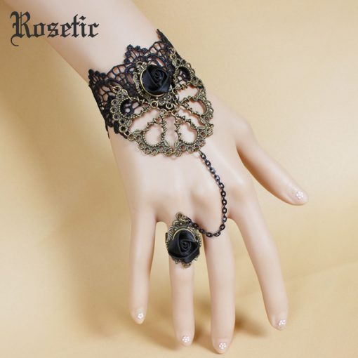 Rosetic Woman Gothic Lace Bracelets Black Hollow Ribbon Rose Vampire Finger Chain Bracelets Darkness Party Halloween Ornaments 2