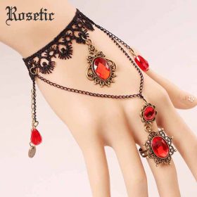 Rosetic Gothic Vintage Women Ring Bracelet Black Lace Floral Ruby Crystal Inlaid Beads Tassel Retro Wedding Anniversary Bracelet 2