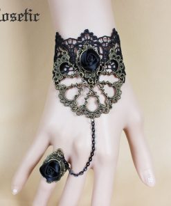 Rosetic Woman Gothic Lace Bracelets Black Hollow Ribbon Rose Vampire Finger Chain Bracelets Darkness Party Halloween Ornaments 1