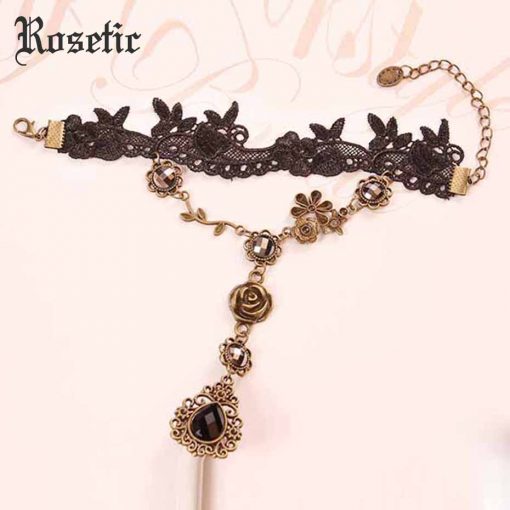 Rosetic Gothic Vintage Women Ring Bracelet Black Lace Crystal Inlaid Flowers Vine Geometric Finger Chain Sweet Charm Bracelets 4