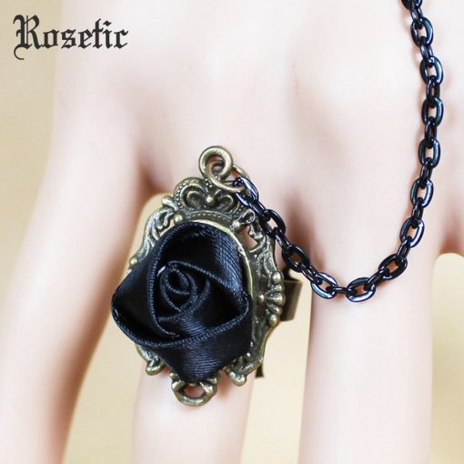 Rosetic Woman Gothic Lace Bracelets Black Hollow Ribbon Rose Vampire Finger Chain Bracelets Darkness Party Halloween Ornaments 5