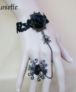 Gothic Vintage Women Ring Bracelet Black Lace Floral Rose Spider Crystal Finger Chain Party Birthday Fashion Accessories Gifts 1