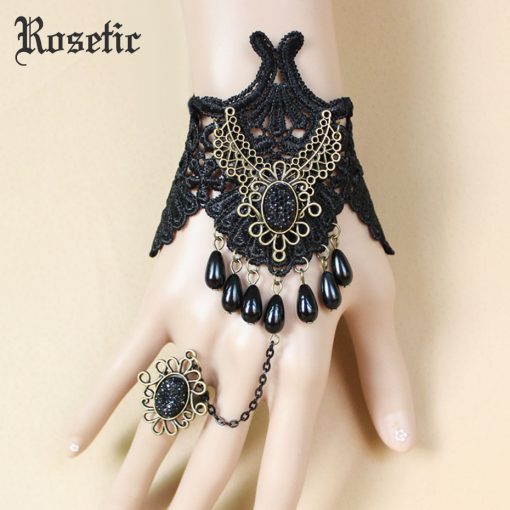 Rosetic Woman Vintage Gothic Lace Bracelet Hollow Water Drop Rhinestone Girl Festival Party Chain Ring Bracelet Accessories Gift