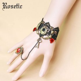 Rosetic Woman Vintage Gothic Lace Bracelets Hollow Heart-Shaped Rhinestone Girls Festival Party Chain Ring Bracelet Accessories