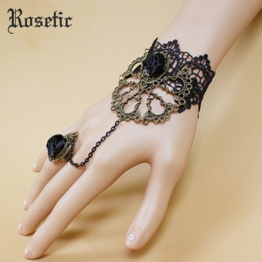 Rosetic Woman Gothic Lace Bracelets Black Hollow Ribbon Rose Vampire Finger Chain Bracelets Darkness Party Halloween Ornaments 3