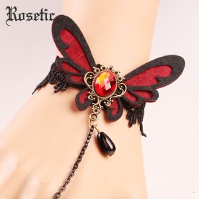Rosetic Gothic Women Vintage Bracelets Butterfly Black Lace Red Crystal Inlaid Water Drop Tassel Finger Chain Prom Accessories 3