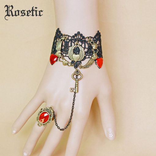 Rosetic Woman Vintage Gothic Lace Bracelets Hollow Heart-Shaped Rhinestone Girls Festival Party Chain Ring Bracelet Accessories 1