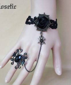 Gothic Vintage Women Ring Bracelet Black Lace Floral Rose Spider Crystal Finger Chain Party Birthday Fashion Accessories Gifts