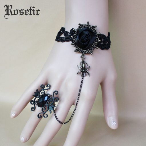 Gothic Vintage Women Ring Bracelet Black Lace Floral Rose Spider Crystal Finger Chain Party Birthday Fashion Accessories Gifts