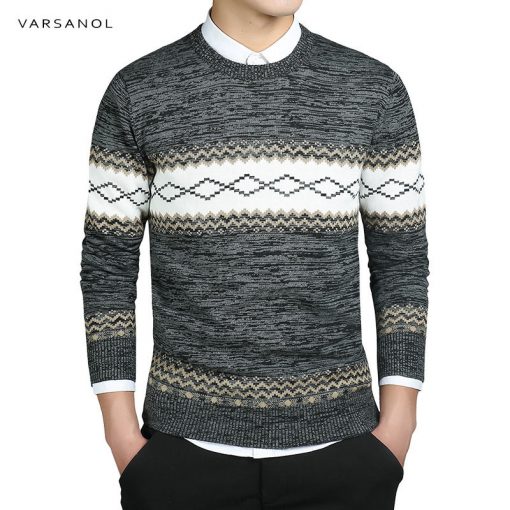 VARSANOL Black Color Mens Pullover Sweater Coat Long Sleeve O-Neck Knitted Casual Cotton Sweater Men Striped Slim Warm M-3XL Hot