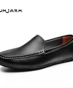 JUNJARM 2017 Men Flat Shoes Quality Split Leather Men Loafers Solid Black Breathable Slip-On Outdoor Men Driving Shoes
