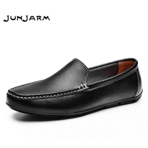 JUNJARM 2017 Men Flat Shoes Quality Split Leather Men Loafers Solid Black Breathable Slip-On Outdoor Men Driving Shoes