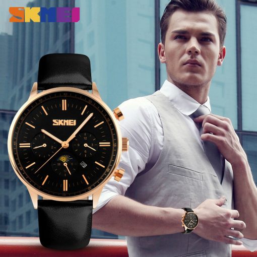 SKMEI Fashion Watches Men Business Quartz Wristwatches 30M Waterproof Casual Leather Brand Casual Watch Relogio Masculino 9117 2