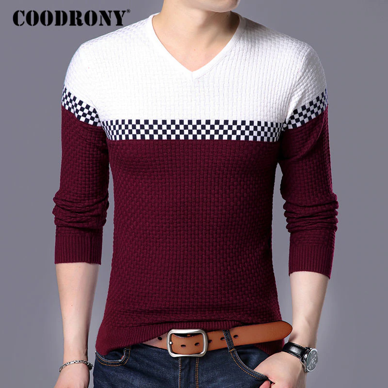 COODRONY 2018 Autumn Winter Warm Wool Sweaters Casual Hit Color  Patchwork V-neck Pullover Men Brand Slim Fit Cotton Sweater 155 3