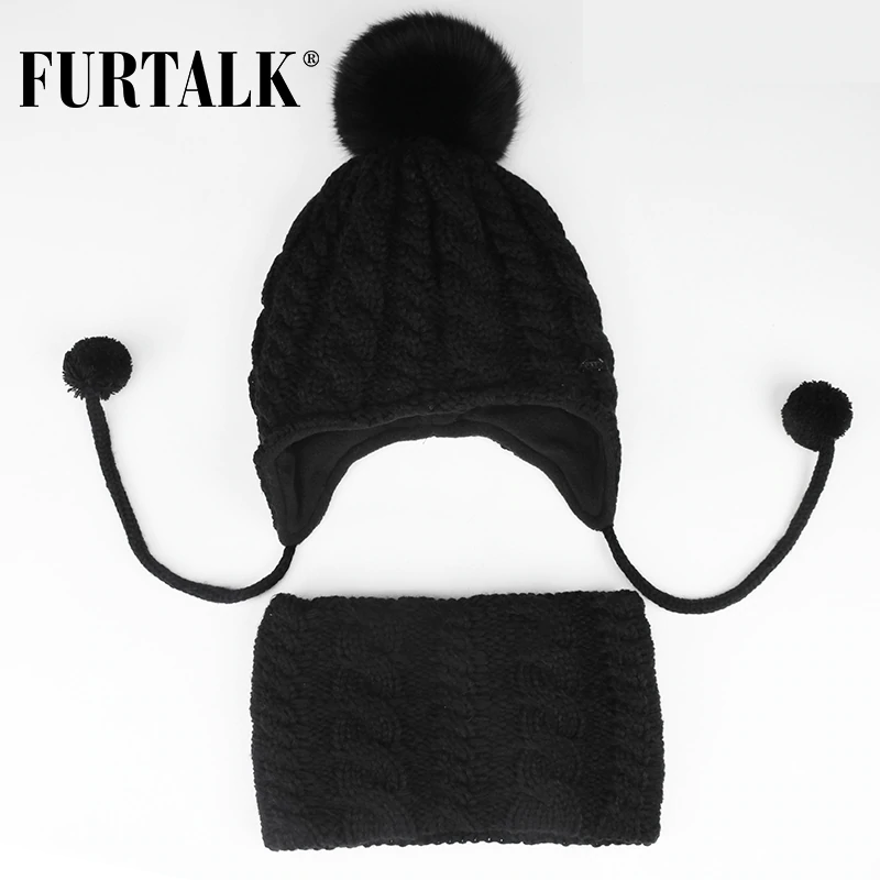 FURTALK Children Winter Pompom Hat Scarf Set for Girls Boys Kids Knitted Hat Real Fox Fur Pompom Ears Hats Baby Hat 4