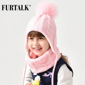 FURTALK Children Winter Pompom Hat Scarf Set for Girls Boys Kids Knitted Hat Real Fox Fur Pompom Ears Hats Baby Hat 2