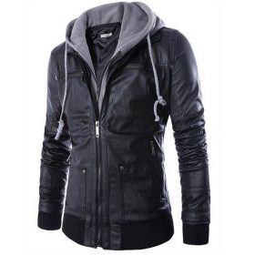 Leather Jacket Men Turn-down Collar With Hooded Jaqueta De Couro Masculina PU Mens Faux Fur Coats Veste Cuir Homme Motorcycle  1