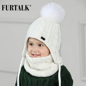 FURTALK Children Winter Pompom Hat Scarf Set for Girls Boys Kids Knitted Hat Real Fox Fur Pompom Ears Hats Baby Hat