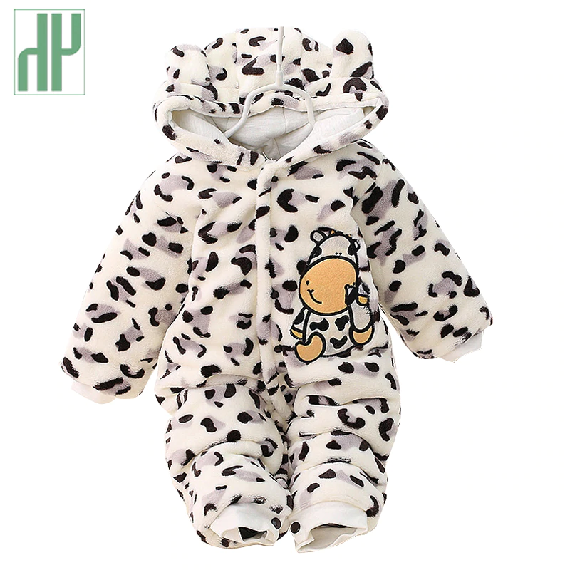 3 6 9 12 months baby clothes cute winter warm longsleeve coral fleece infant Leopard cow animals clothes baby boy girl rompers
