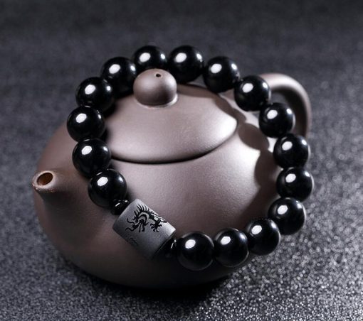 DIEZI Yoga Jewelry 10MM Natural Black Obsidian Carved Buddha Lucky Amulet Round Beads Strand Bracelet For Women Men Jewelry 4