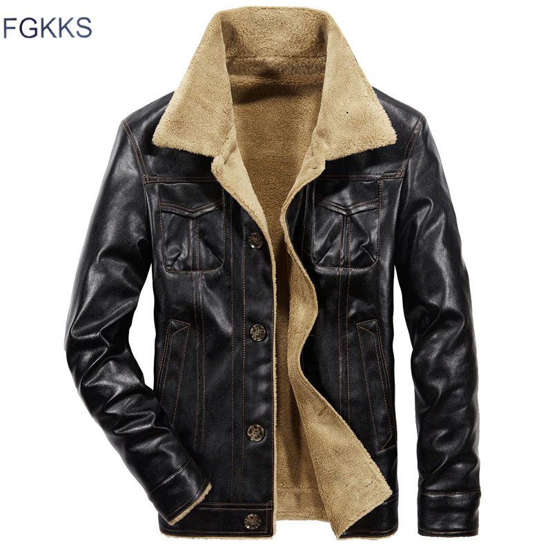 FGKKS 2018 Men PU Leather Jacket Winter Thick Warm Pilot Jacket Male Fur Collar Jacket tactical Mens Jacket Coat